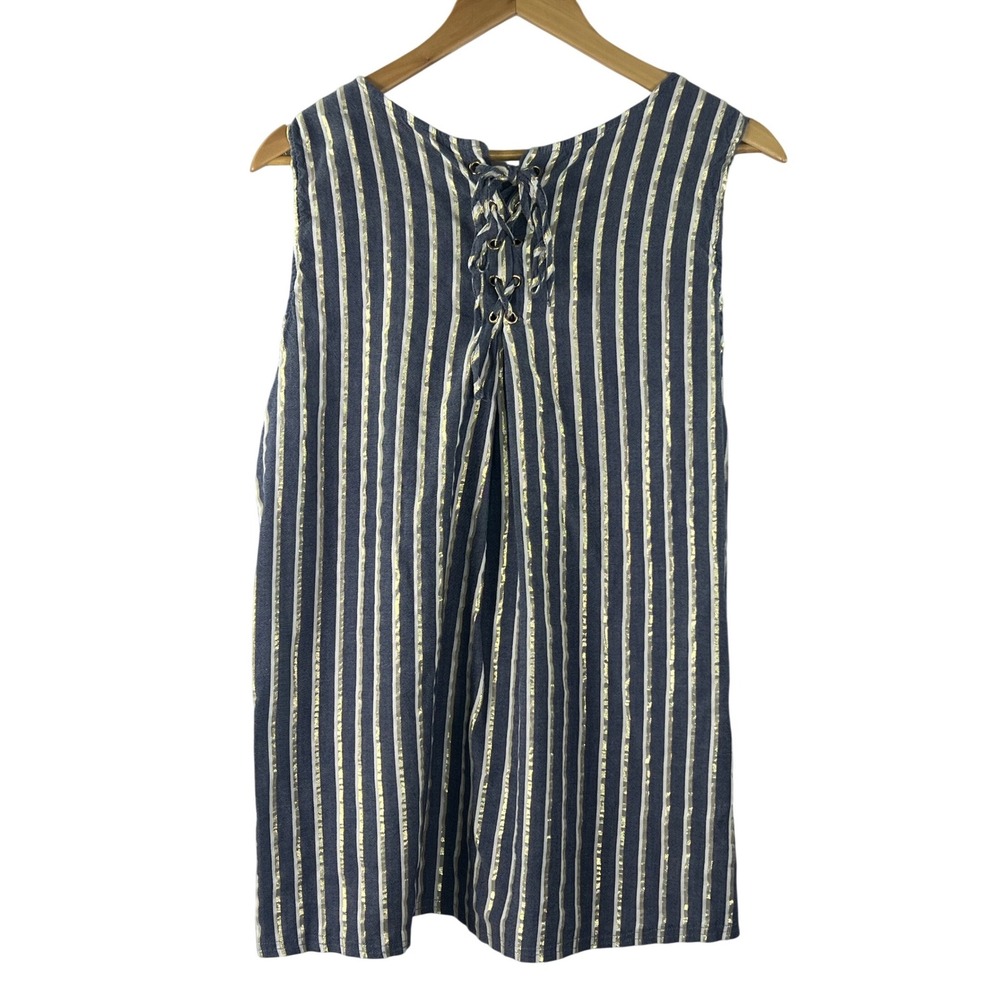 Zac & Rachel Woman Navy Gold Metallic Striped Lace Up Back Sleeveless Top 2X - Picture 2 of 13
